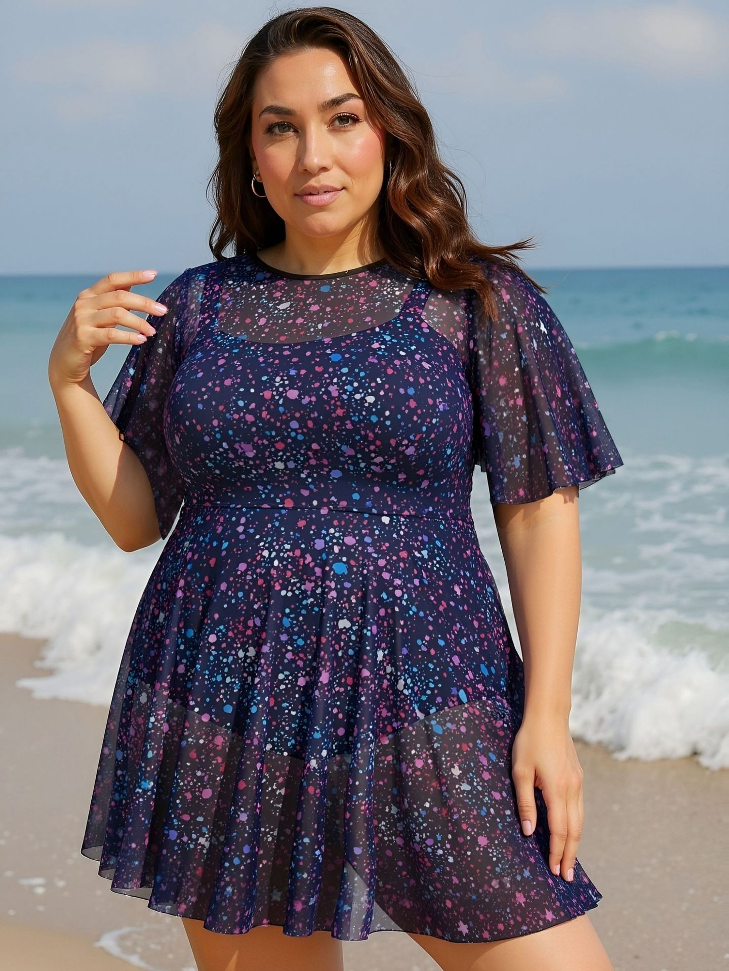 Plus Size Mesh Overlay One Piece Swimdress - 2026 High Waist Bikini